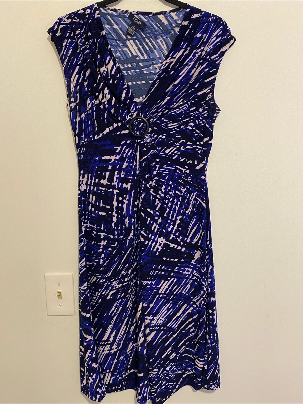 Chaps Blue and White Abstract Ring-Front V-Neck Dress